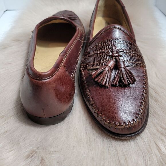 Santoni Tassel Brown Leather Loafers Lizard Accents Mens  Shoes Size 7.5